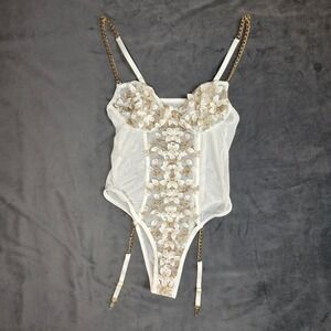 White Gold Floral Embroidered Mesh Bodysuit Chain Straps Garter Medium